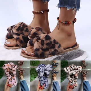 Las mujeres Slip-On peludo plano casa leopardo arco abierto del dedo del pie mantener caliente zapatillas zapatos
