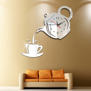 3D negro DIY creativo taza de café tetera reloj de pared/acrílico espejo sin marco reloj de pared pegatinas/moda grandes relojes de pared para el hogar sala de estar dormitorio oficina decoración de pared