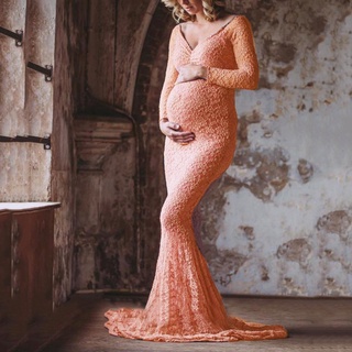 kisshave maternidad fotografía sexy hombro fuera color sólido encaje piso longitud vestido (7)