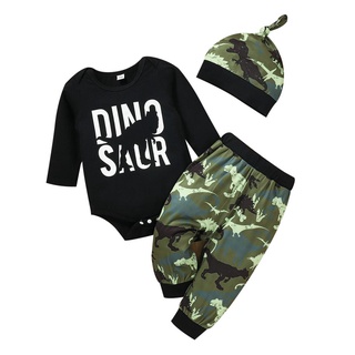 ♨♨-Tres piezas ropa de bebé niños moda letra manga larga mameluco y pantalones de dinosaurio con sombrero