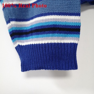 Clarissa-suéter a rayas azules y blancas para mujer, jersey de gran tamaño bordado con cuello falso, jerséis recortados, suéteres Harajuku (9)