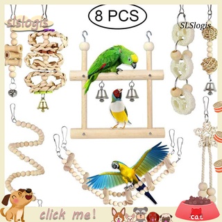 SN_8Pcs/Set Pet Bird Toy Wooden Beads Ball Bell Swing Chew Wood Hanging Parrot Cage Toys for Garden