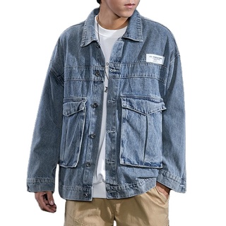 Hombres Hip Hop personalidad gran bolsillo Vintage suelto Jeans chaqueta Streetwear motocicleta masculino Casual Denim chaqueta (1)