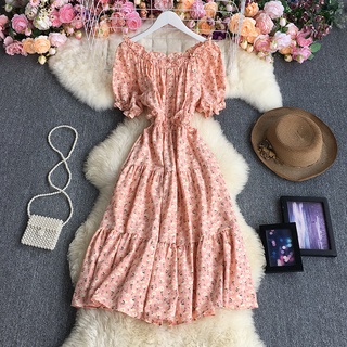 Casual vestido maxi vestido de verano coreano Floral vestido fuera del hombro volantes de cintura alta adelgazar Swing vestido de manga corta (1)