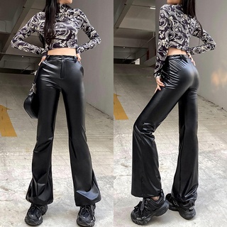 Mujer Moda y Color Sólido Cintura Alta Llamarada Flaco Pantalones De Cuero Negro S Tamaño (1)