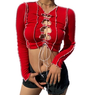 ✭Rk☼Top corto Sexy para mujer, manga larga hueco encaje Slim Fit Rib Knit blusa corta