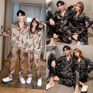Unisex mujeres hombres más el tamaño M-5XL pareja conjunto de seda satén pijamas conjunto de manga larga ropa de dormir femenina masculino pijamas traje/Buja Tidur (1)