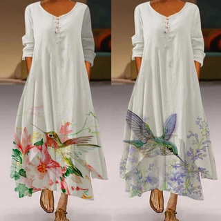 vestido de impresión floral casual vintage suelto señora vestido largo para playa (1)