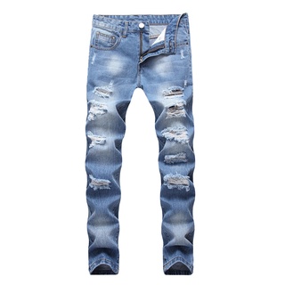 hombres jeans color sólido agujeros recto slim fit pantalones largos pantalones casuales (5)