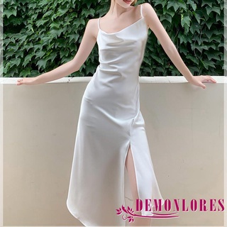 Demq-Mujer Sexy liguero Split una línea vestido de moda Color sólido sin respaldo Irregular vestido largo