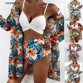 Ratswaiiy Push-Up Estampado Floral Bikini Traje De Baño Mujeres 3PCS Cintura Alta Conjunto Trajes CO