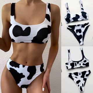 *DMGO*=Women's Sexy High Breast Contrast Cow Print Tube Top Split Bikini Set Swimsuit