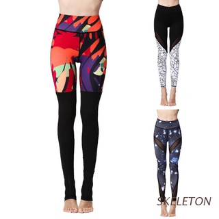 esqueleto mujeres cintura alta control de barriga yoga leggings malla patchwork fitness pantalones deportivos rayas contraste color impreso entrenamiento mallas