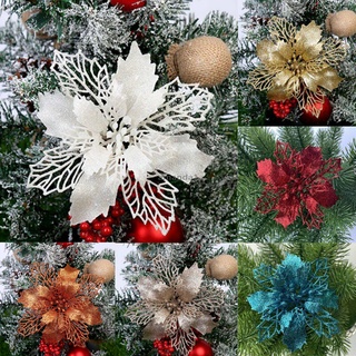 10pcs navidad grande poinsettia glitter árbol flor colgante fiesta decoración de navidad regalo