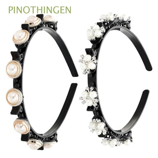PINOTHINGEN 2PCS Fashion Double Bangs Hairclips Hairstyle Headbands Pearl Twist Rhinestone for Women Girls Double Layer