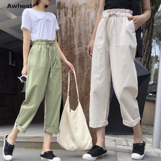 [Awheat] Mujer algodón elástico cintura suelta ancho pierna pantalones largos pantalones Palazo lino