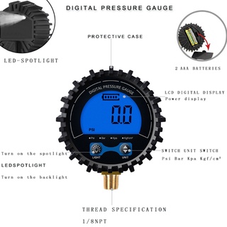 bzs dial tamaño digital medidor de presión 0-200 psi/kpa/bar/kgf cm2 montaje inferior luz led (8)
