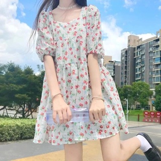 Verano nuevo vestido suelto estilo japonés chica bonito vestido de fresa para estudiantes femeninos cuello cuadrado manga de soplo vestido de niña