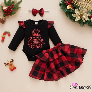 Kj 3Pcs bebé navidad traje, letra impresión mameluco de manga larga + falda con volantes a cuadros + diadema para niñas, 0-12 meses