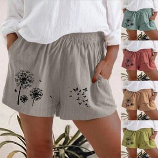 *dmgo*=moda mujer suelta cintura elástica verano impresión casual pantalones cortos de algodón lino pantalones