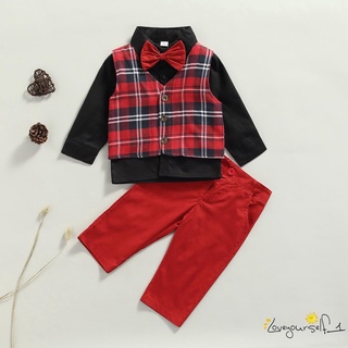 Loveq-4Pcs pequeño niños niños pequeños chaleco a cuadros rojo + Color sólido camisa de solapa de manga larga + pajarita + conjunto de pantalones largos