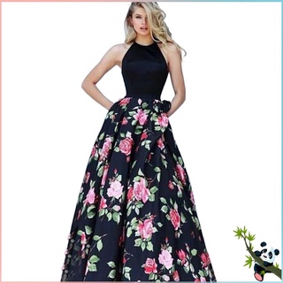 [QC] Vestido De Mujer De Moda Sin Respaldo Halter Estampado Floral Grande Oscilante (1)