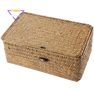 seagrass - caja de almacenamiento tejida a mano, cesta de almacenamiento, organizador de maquillaje, contenedor multiusos con tapa