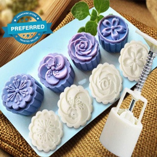 Molde de pastel de luna prensado a mano de 4 piezas, molde redondo tridimensional, molde de prensa, molde con nieve para tartas R7P0