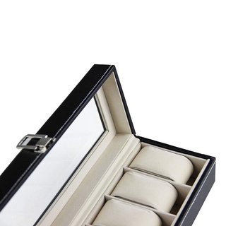 Moderno hombres caja de reloj 6 ranuras de cuero negro caja de exhibición de cristal superior de la joyería caso organizador de relojes de almacenamiento (2)