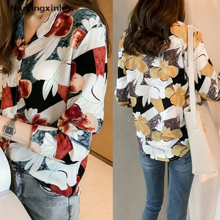 [Nanjingxinhg] Women Floral Blouse Button V Neck Shirts Long Sleeve Tops Loose Shirt Casual [HOT]