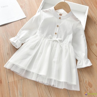 Springday-Baby vestido de manga larga con lazo decoración de malla costura banda elástica primavera y verano ropa