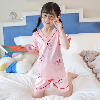 Pijamas conjunto Baju Kanak Perempuan estilo japonés pijamas de manga corta impresión de cereza cuello en V pijama absorbe la humedad de los niños mayores de satén de seda ropa de sueño (3)