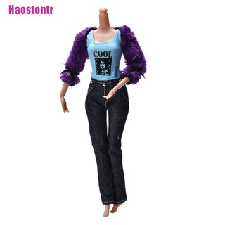 [Haostontr] 3 unids/Set abrigo de piel traje para Barbie muñecas negro pantalones de piel púrpura abrigo de moda niño