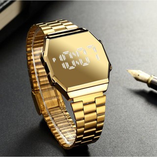 Completo oro de la moda de la pantalla táctil Led Digital reloj de acero cuadrado impermeable Unisex hombres mujeres relojes