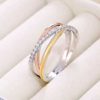 anillo de circonita micro-set chapado en tres colores para mujer, anillo geométrico de línea regalo de aniversario