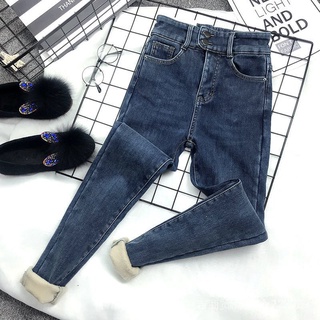 2022 Otoño Invierno Más El Tamaño Cepillado Engrosado Azul Oscuro De Cintura Alta Jeans De Las Mujeres Apretado Estiramiento Caliente Cuna (5)