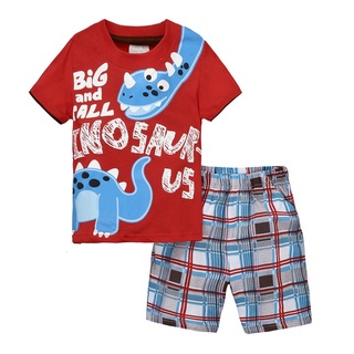 Caja de bebé bebé de manga corta dinosaurio rojo camiseta a rayas pantalones conjunto de ropa camiseta + pantalones