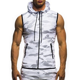 【UFAS】 Men's Sports Fitness Camouflage Sleeveless Hooded Zipper Vest Jacket Top