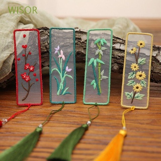 WISOR DIY Needlework Book Folder Vintage Book Clip Embroidery Bookmark Cross Stitch Tassels Souvenir Rectangle Flowers Chinese Style Book Decoration