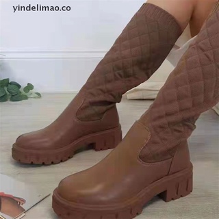 [yindelimao] Botas Planas Altas De Las Mujeres Del Dedo Pie Redondo Invierno Tacón Grueso Largas Zapatos [CO]