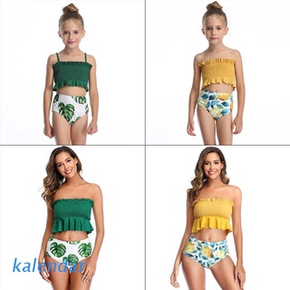 KALEN Mother Daughter Swimwear Two Piece Ruffles Shirred Tube Top High Waisted Bathing Suit Tropical Leaves Printed Swimsuit