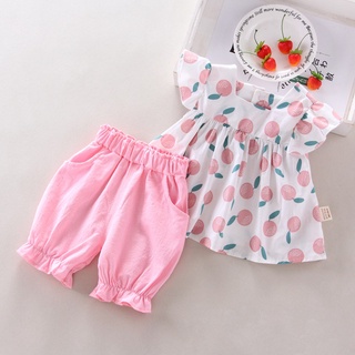 6M-4Y verano bebé niñas Casual llamarada manga fruta impresión T-shirt Tops+pantalones cortos trajes traje conjunto
