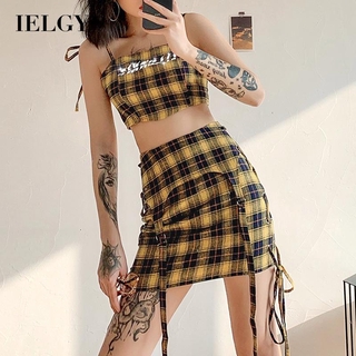 IELGY fashion self-cultivation European and American style high-waist skirts plaid street laces zippers women's clothing suspenders