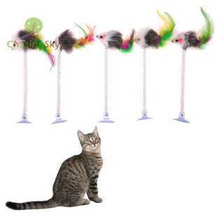 mascotas juguetes 5pcs divertido elástico pluma falso ratón inferior ventosa juguete gato gatito juguete