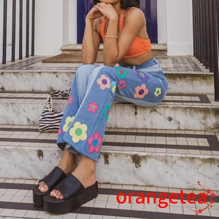 Ort-Mujer ancho pierna llamarada Jeans, cintura alta Floral bordado bloque de Color suelto pantalones de mezclilla
