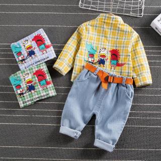 conjunto de jeans a rayas con estampado de caricaturas con cinturón y manga larga para bebés/niños (1)