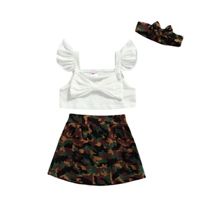 ✭Xb✲Conjunto Casual de tres piezas de niña de Color sólido fresco manga mosca Tops y falda corta de camuflaje con diadema