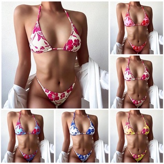 2 Unids/Set Mujeres Bikini Conjunto Halter Sin Espalda Correa Flor Traje De Verano Para Natación