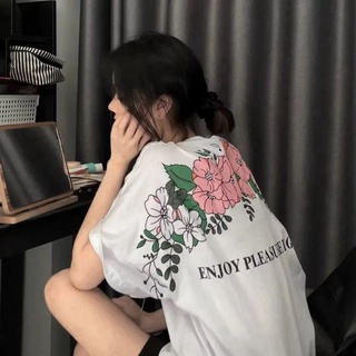 Algodón blanco manga corta T-shirt de las mujeres coreanas flor impreso suelto casual top