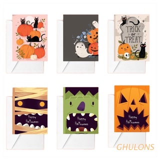 ghulons 6 unids/set halloween tarjetas de felicitación con sobres pegatinas feliz halloween calabaza dibujos animados diseños postales invitación fiesta suministros